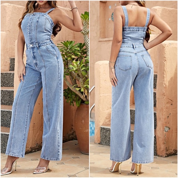 Light Wash Wide Leg Cami Pocket Denim Jumpsuit - Picture 2 of 3